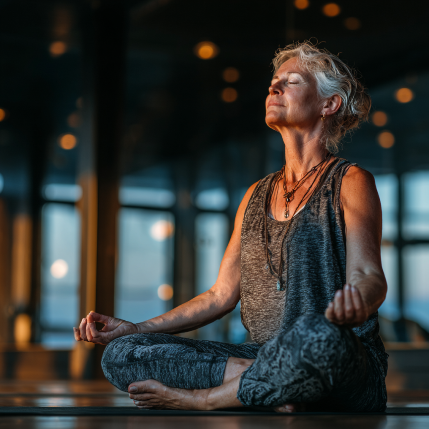 Літня жінка виконує йогу